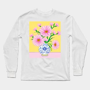 Daisies in chinoiserie jars on yellow Long Sleeve T-Shirt